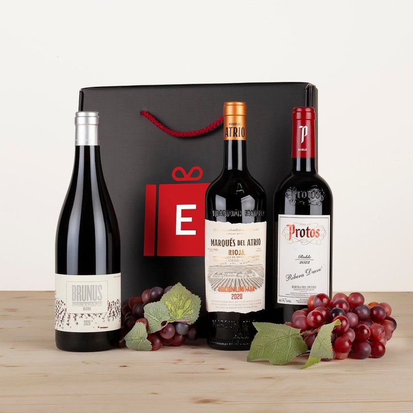 Estuche R-3 con Ribera del Duero Protos, Rioja Marqués del Atrio y Montsant Brunus